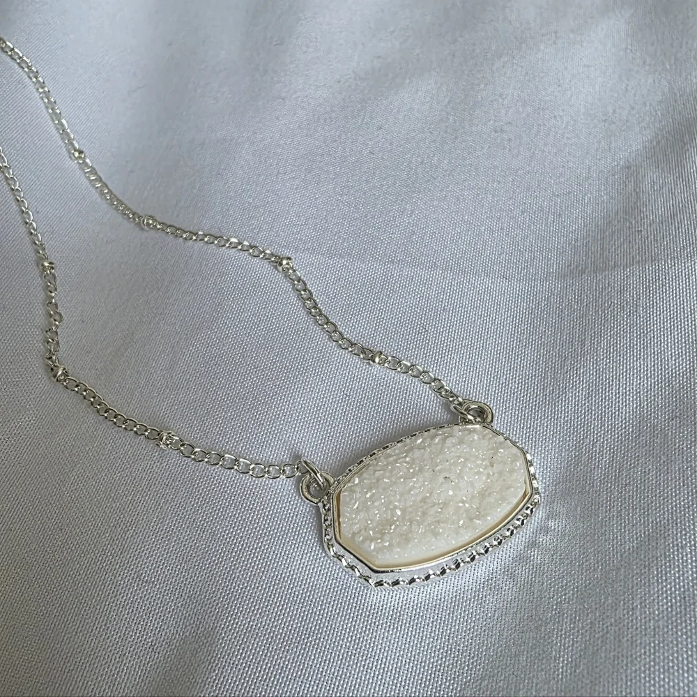 White Druzy Style Crystal Necklace With Silver Chain - Picture 3 of 5